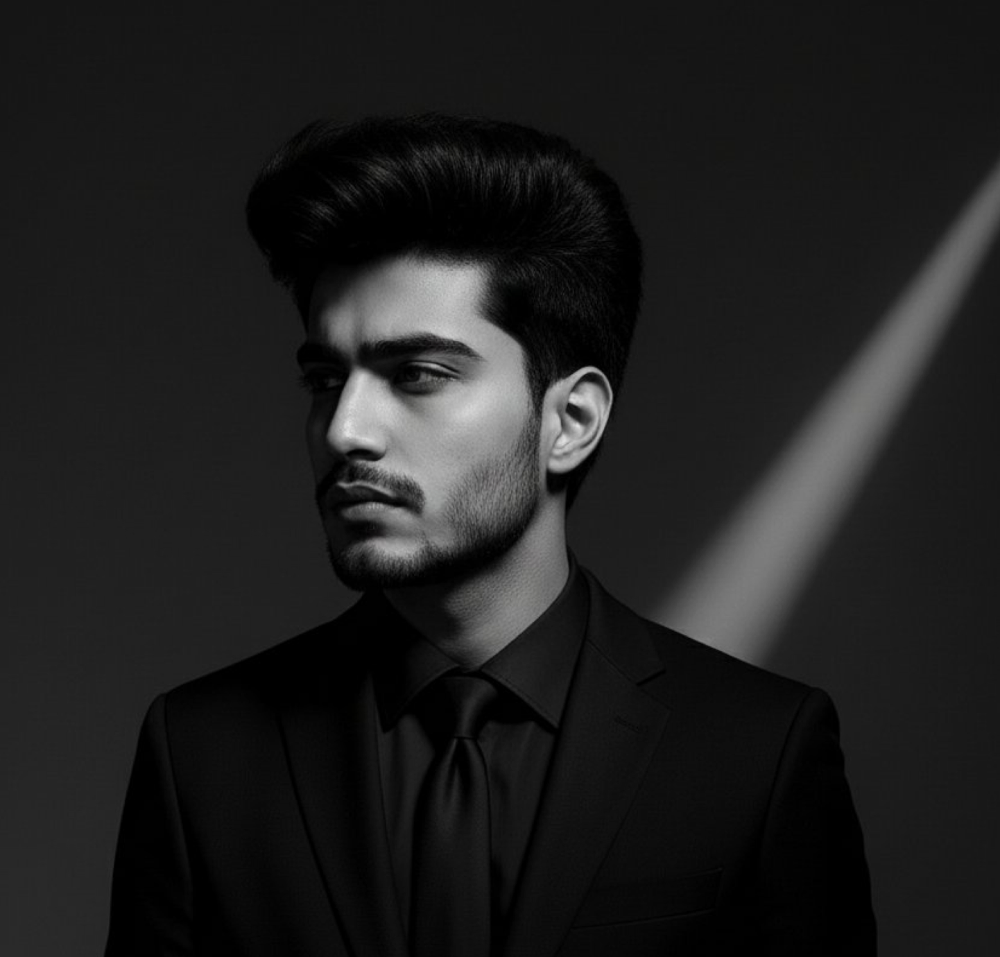Cinematic black and white portrait of a man in a suit