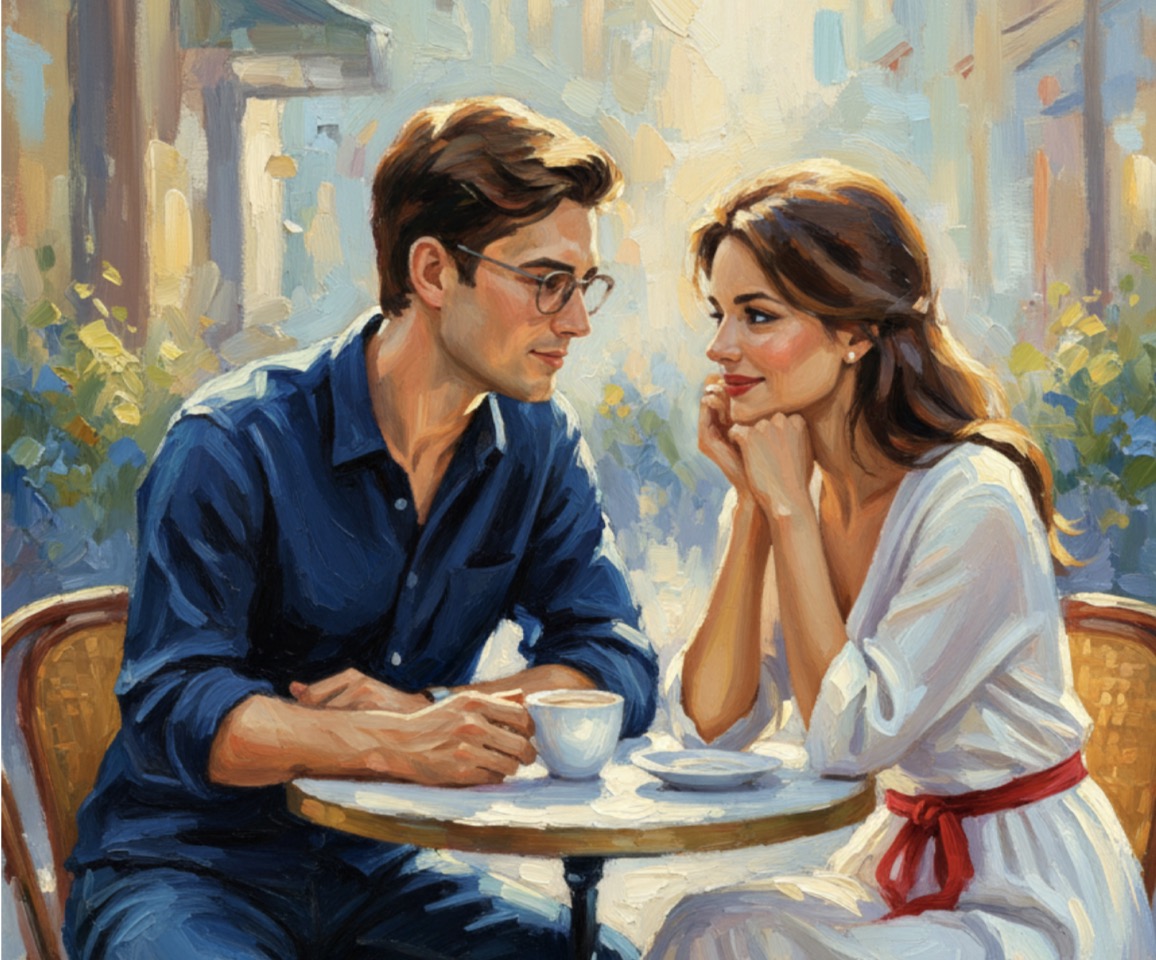 Oil painting of a young couple at a café