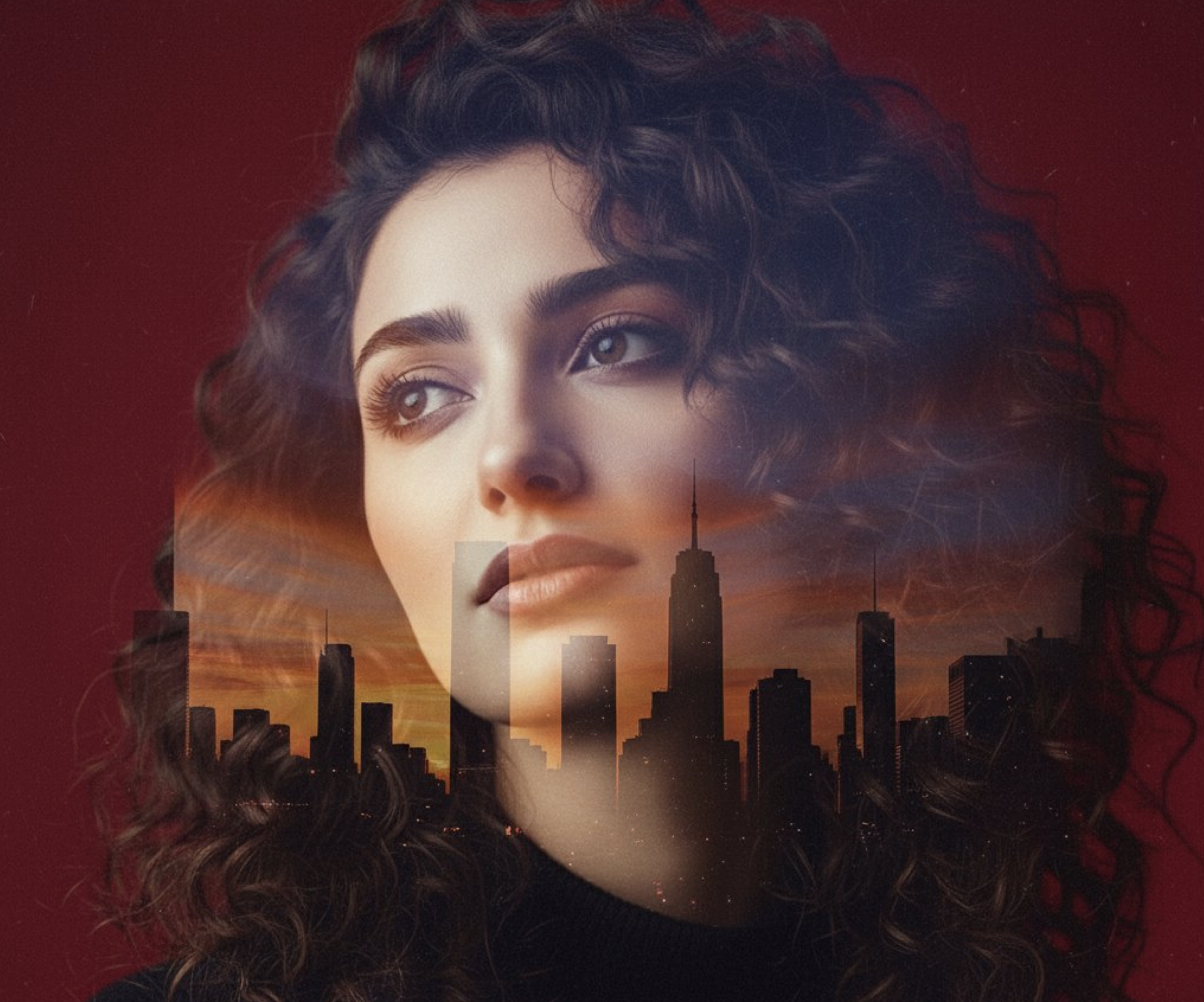 Double exposure portrait of a woman and a forest
