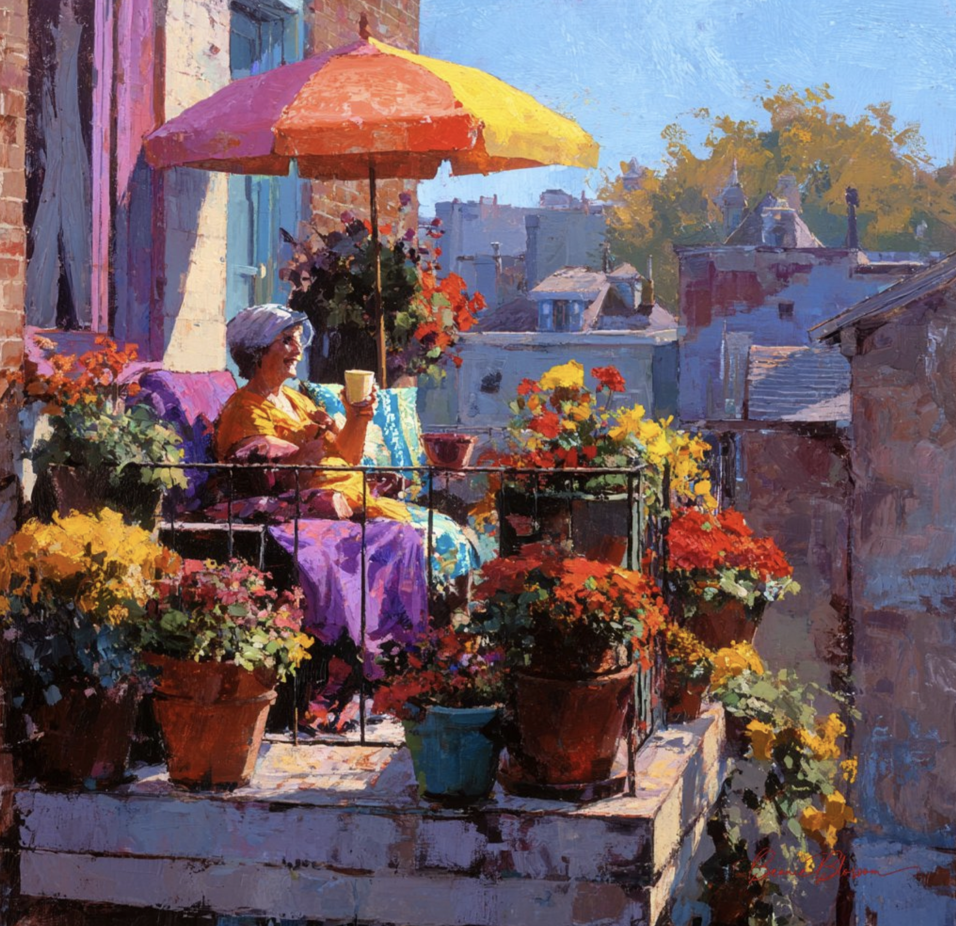 Elderly person on a sunlit balcony