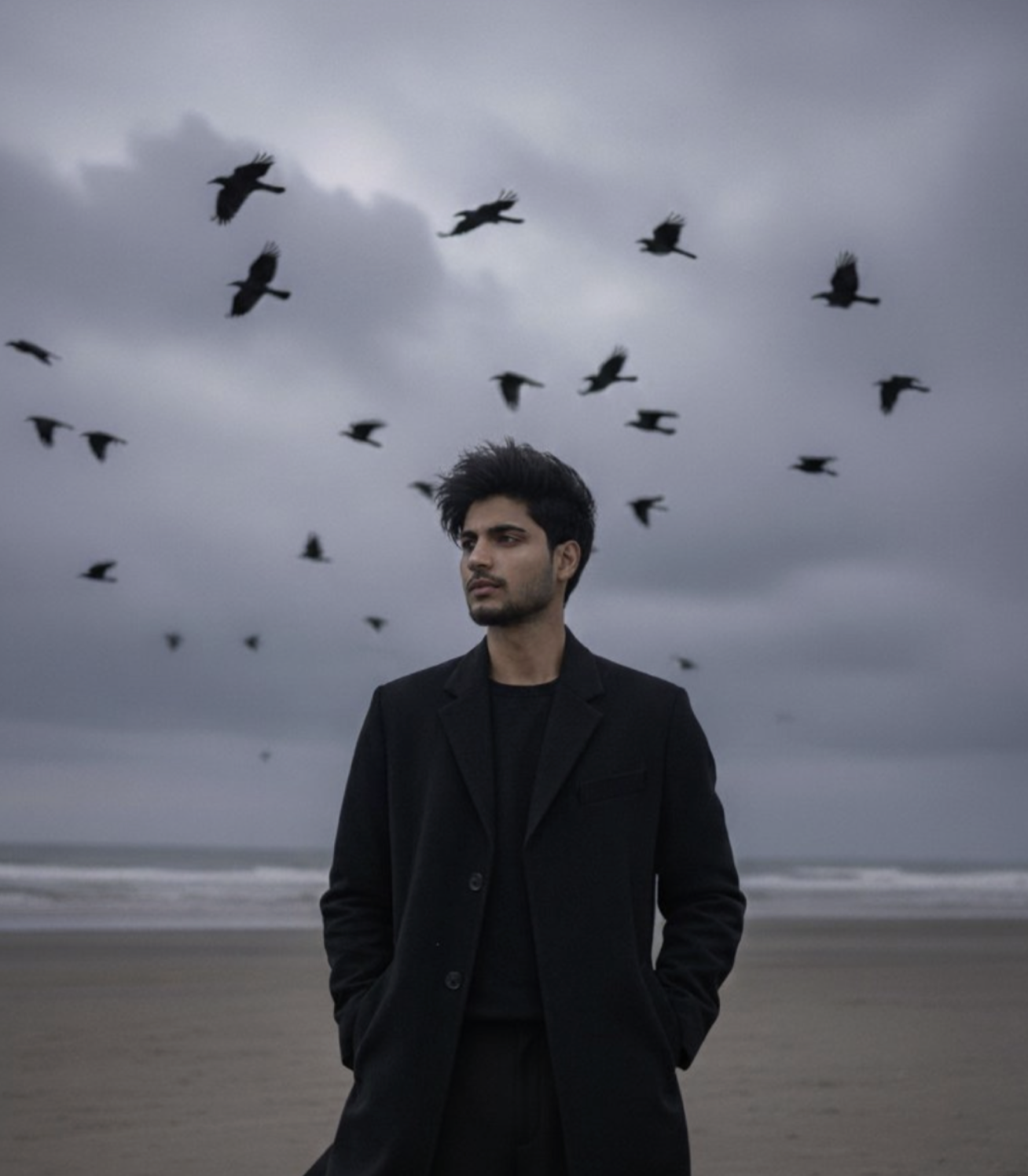 Young man in a long black coat on a moody beach
