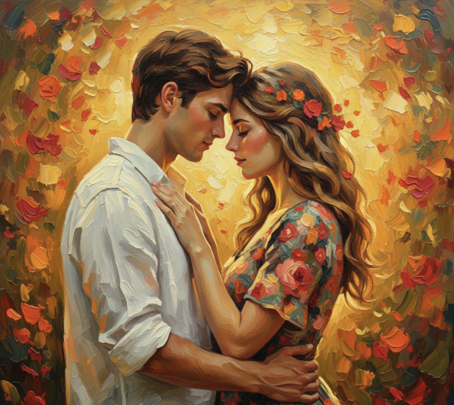 Romantic oil painting of a couple embracing