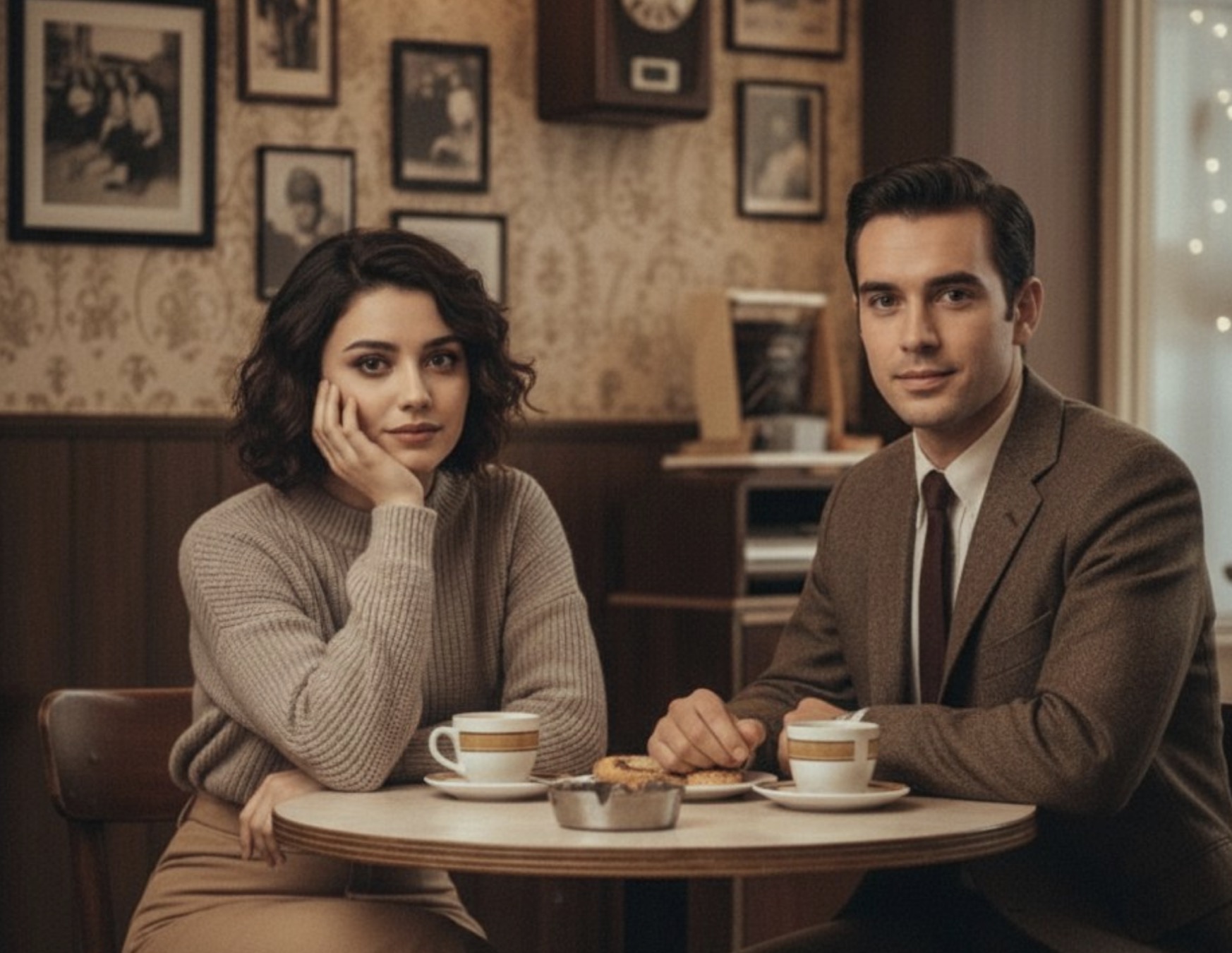 Stylish couple in a retro-themed cafe