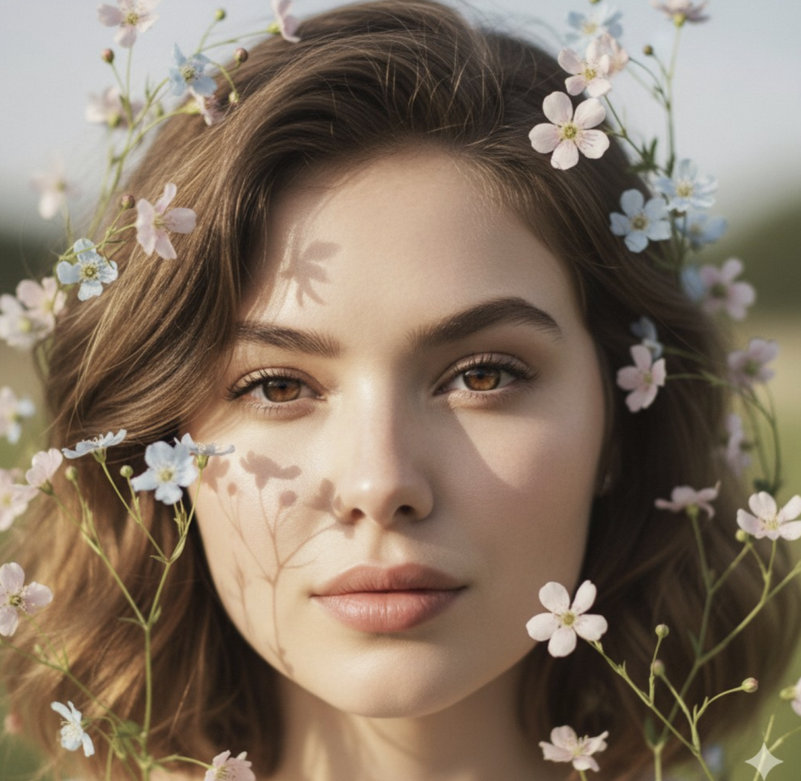 Cinematic portrait of a young woman framed by flowers
