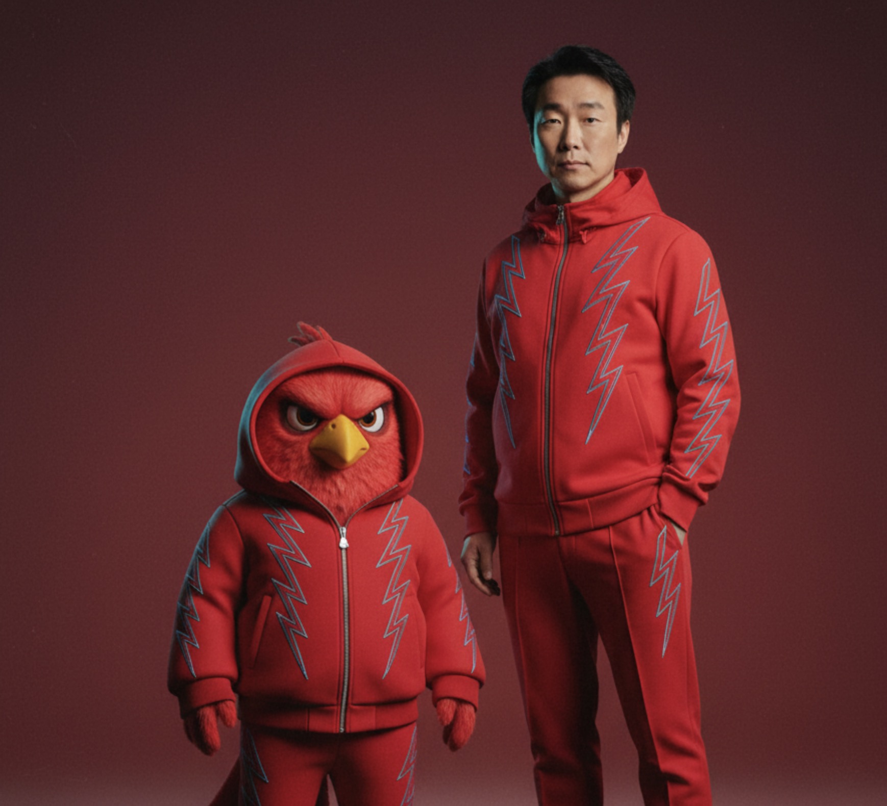 Confident woman in red with an Angry Bird character