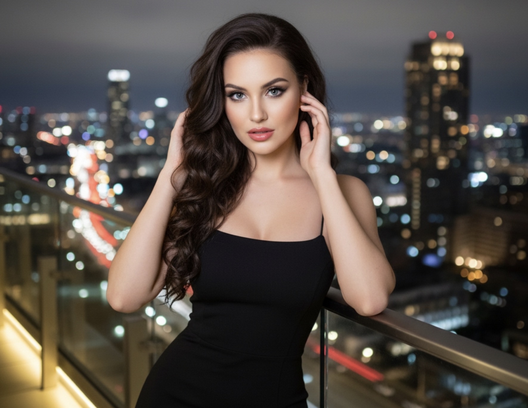Woman on an outdoor balcony at night